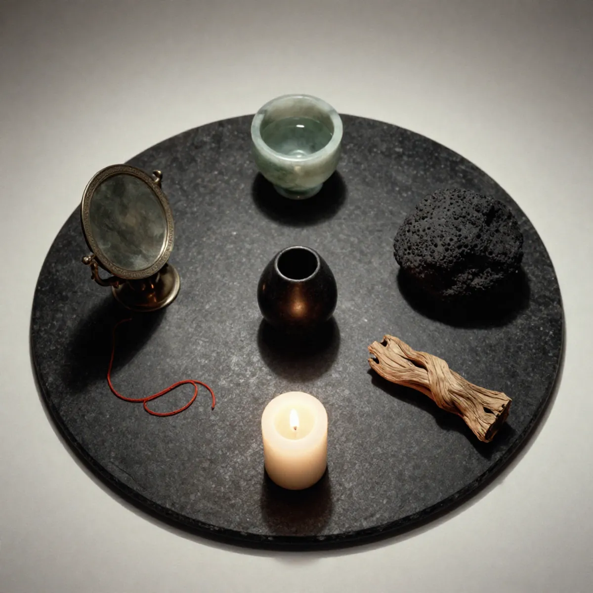 Five elemental objects arranged in a circle on black stone, seen from above