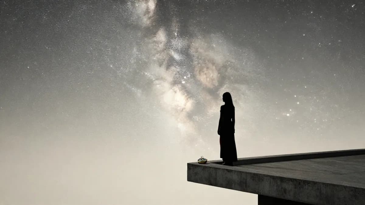 A woman's silhouette against the Milky Way on a concrete observation platform