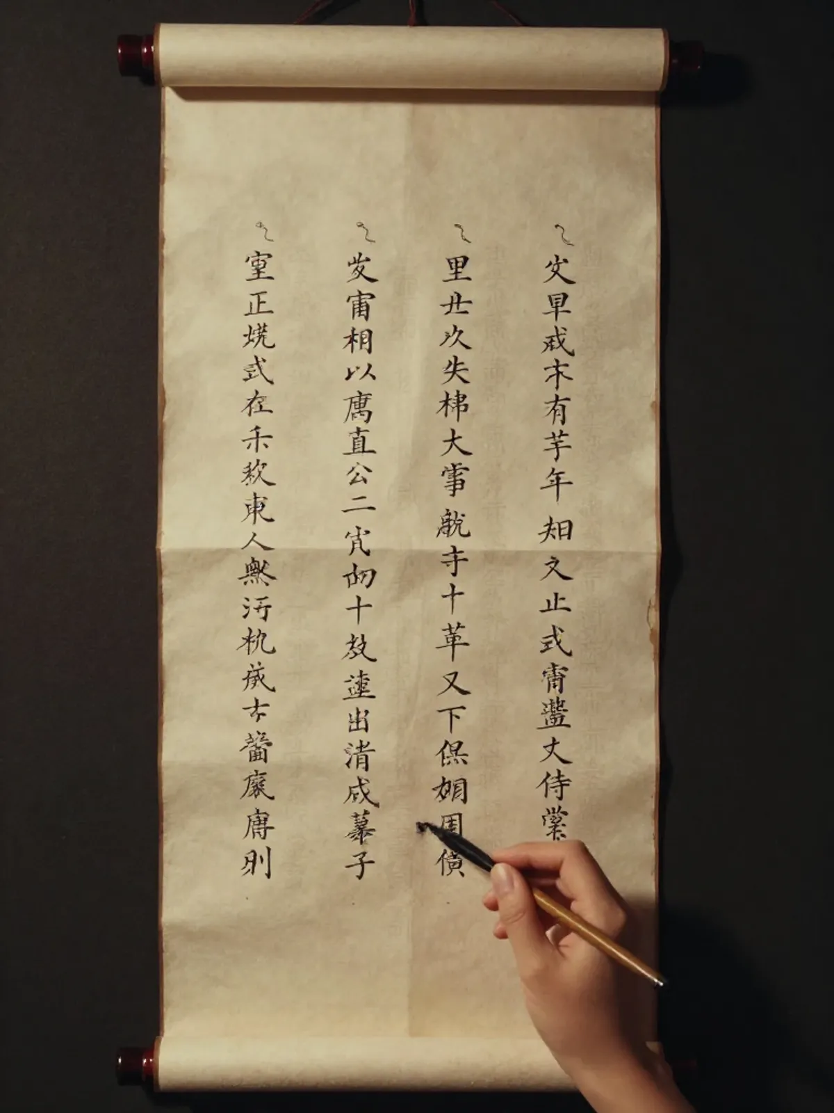 A hand-brushed birth chart on rice paper, four columns of paired characters, wet ink