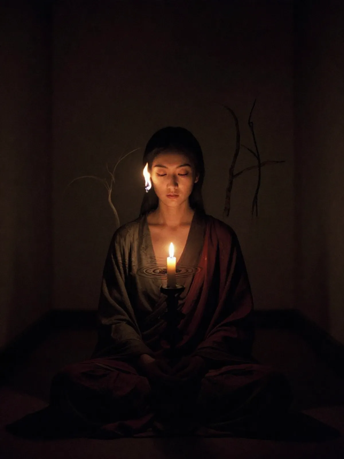 A woman in candlelight, faint elemental impressions flickering around her