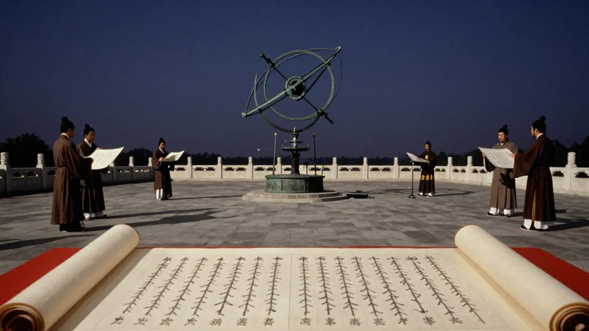 An imperial observatory at twilight, scholars with bronze instruments and celestial charts