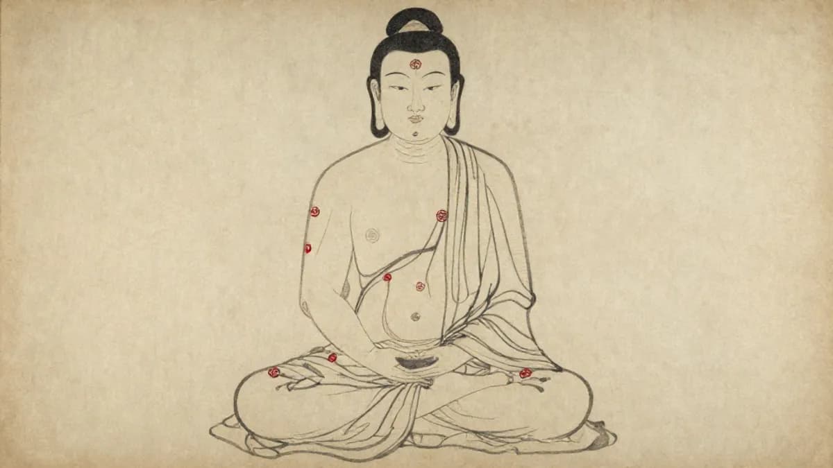 A Song dynasty-style diagram of the microcosmic orbit with hexagram symbols at key points