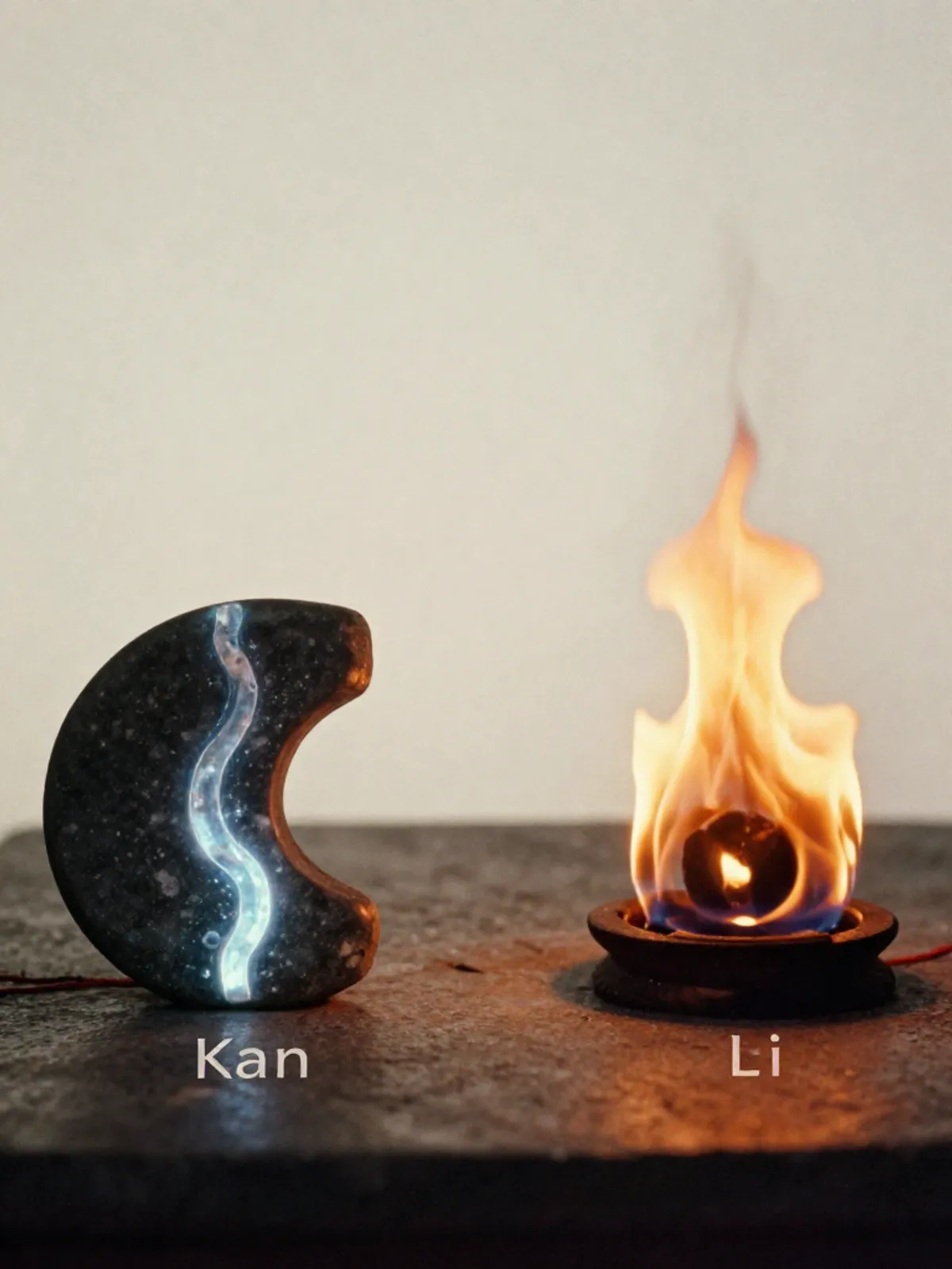 Kan and Li as physical objects - a dark stone with bright vein, a flame with dark core - facing each other