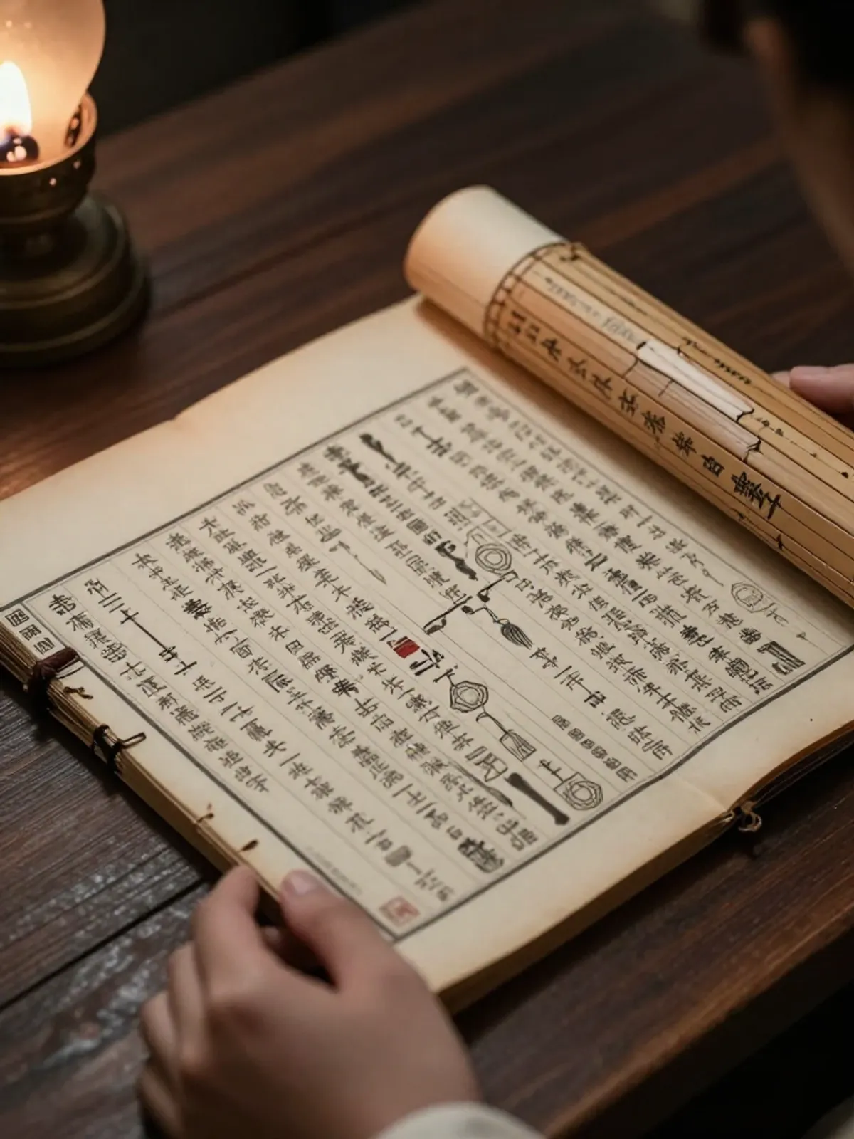 An ancient bamboo scroll of the Cantong Qi, hexagram diagrams visible among dense text