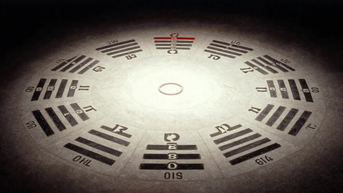 The twelve sovereign hexagrams in a circular diagram, carved in stone, lit from above