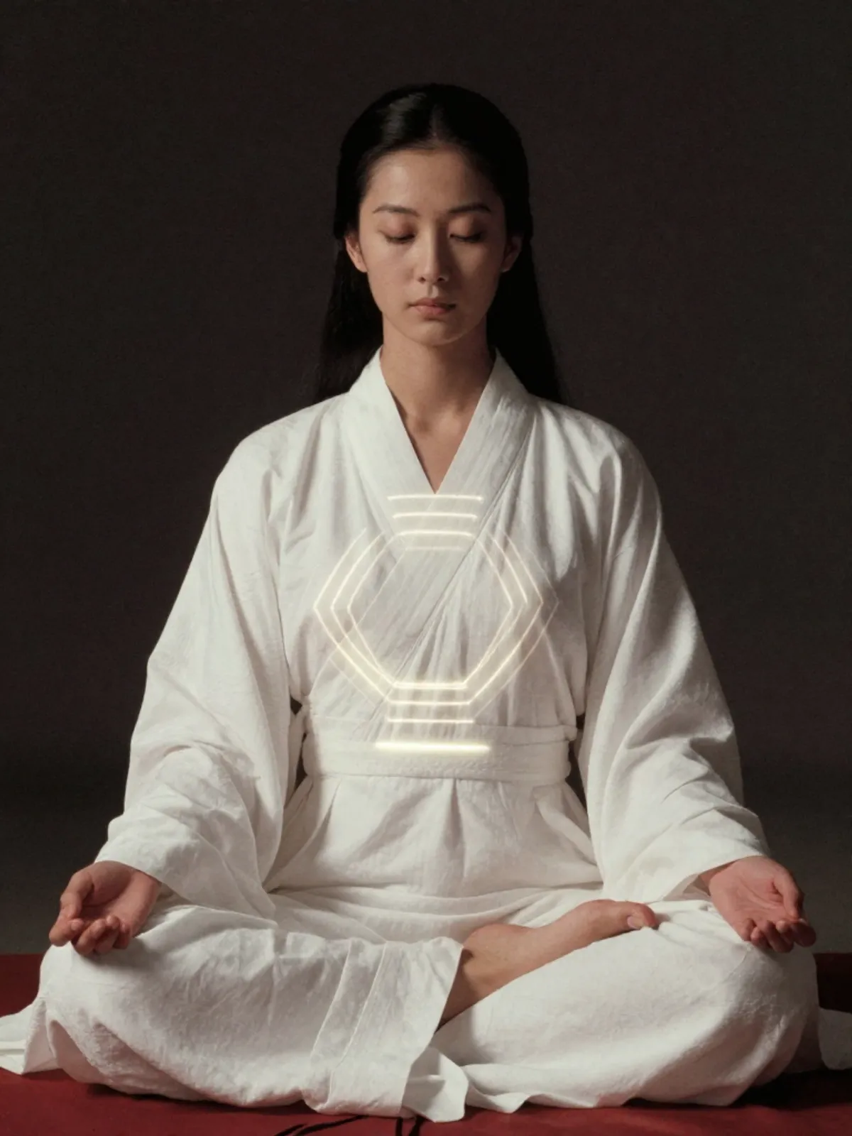 A meditating woman with faint luminous hexagram lines overlaid on her body
