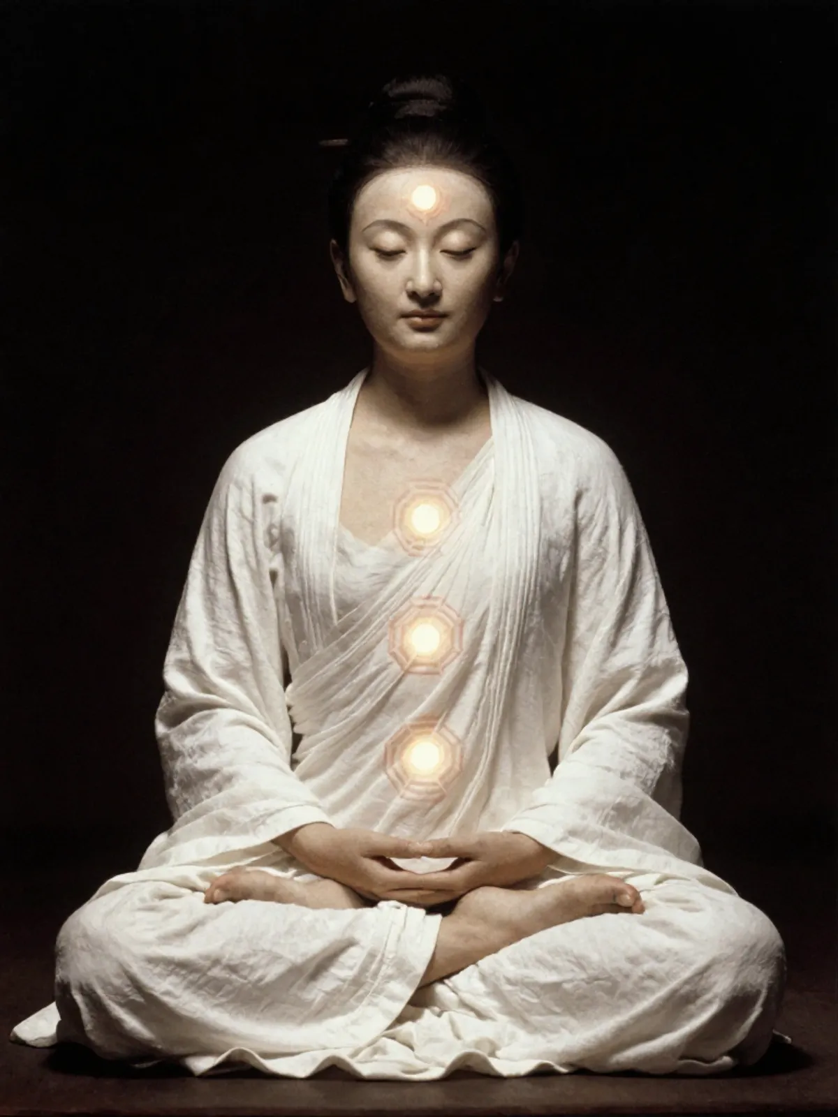 A seated figure overlaid with luminous hexagram lines, trigrams glowing at three dantian points