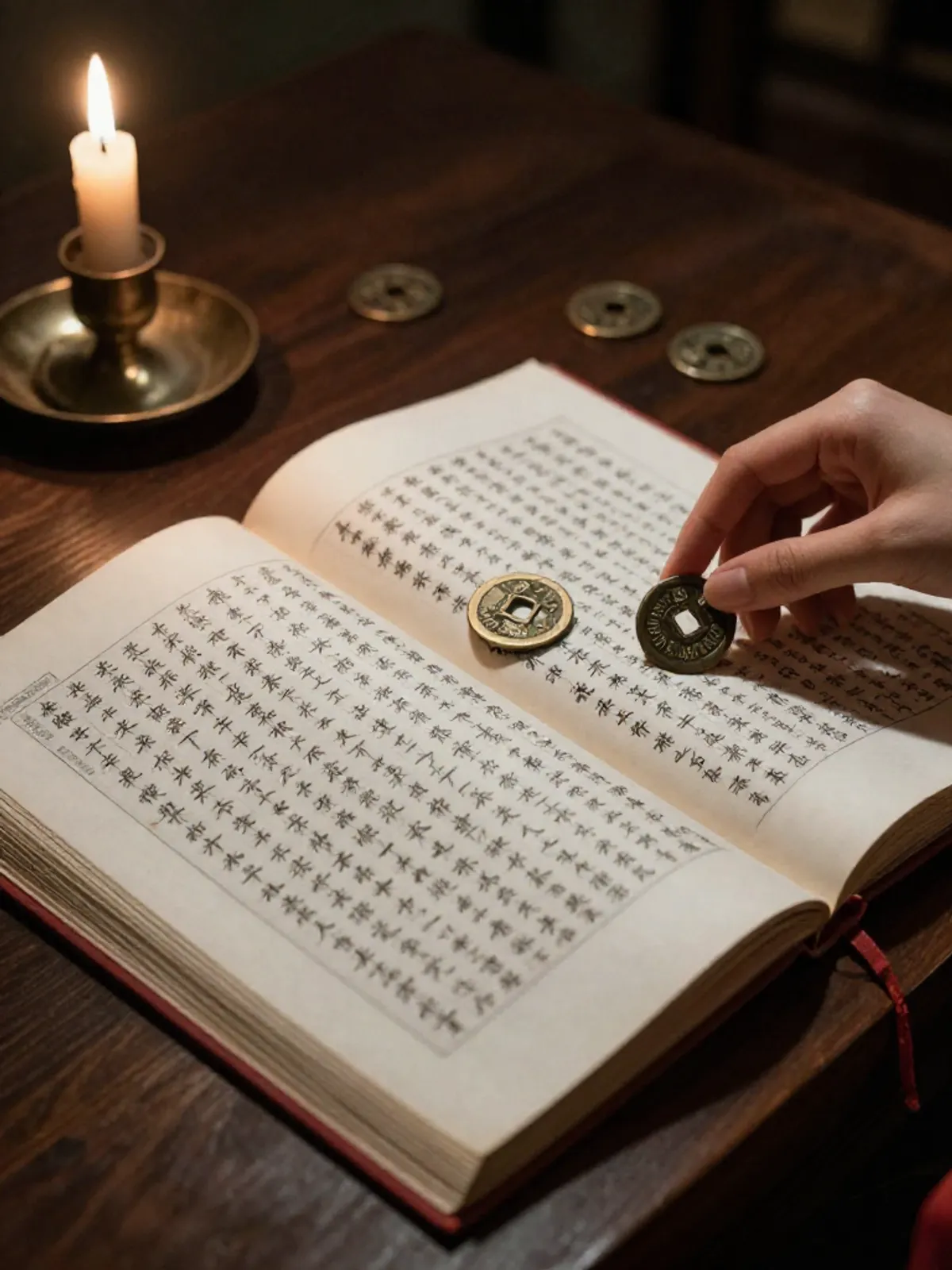 Classical Chinese text and bronze coins on a dark desk, candlelight