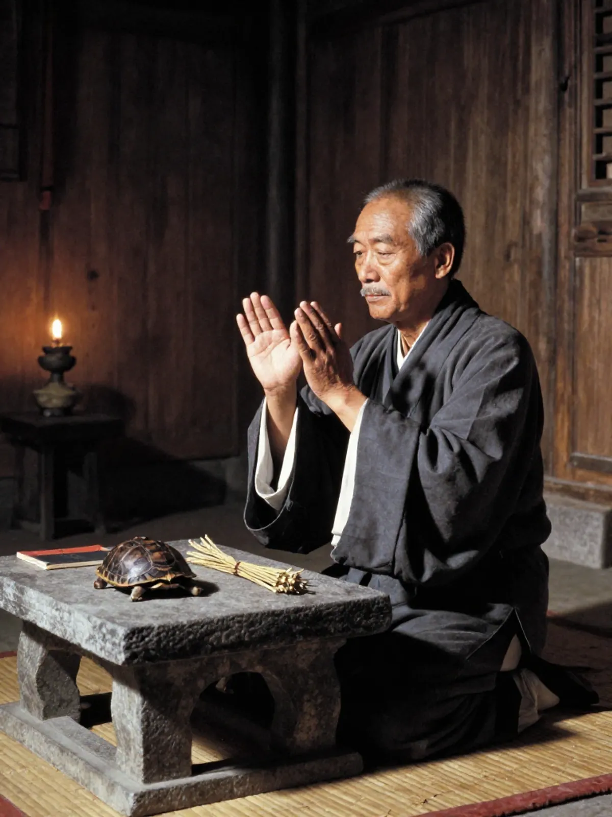 An elder kneeling before a tortoise shell and yarrow stalks, oil lamp shadows