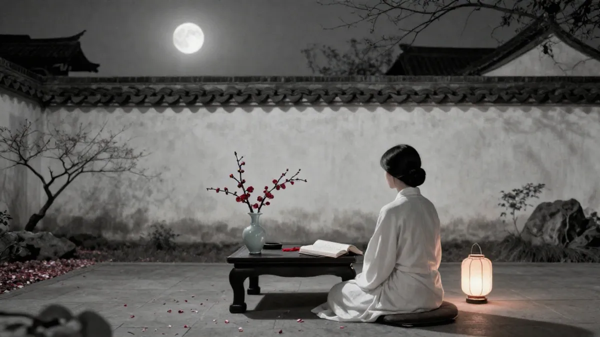 A woman at a moonlit garden table with plum blossoms and an open book, rooftops beyond