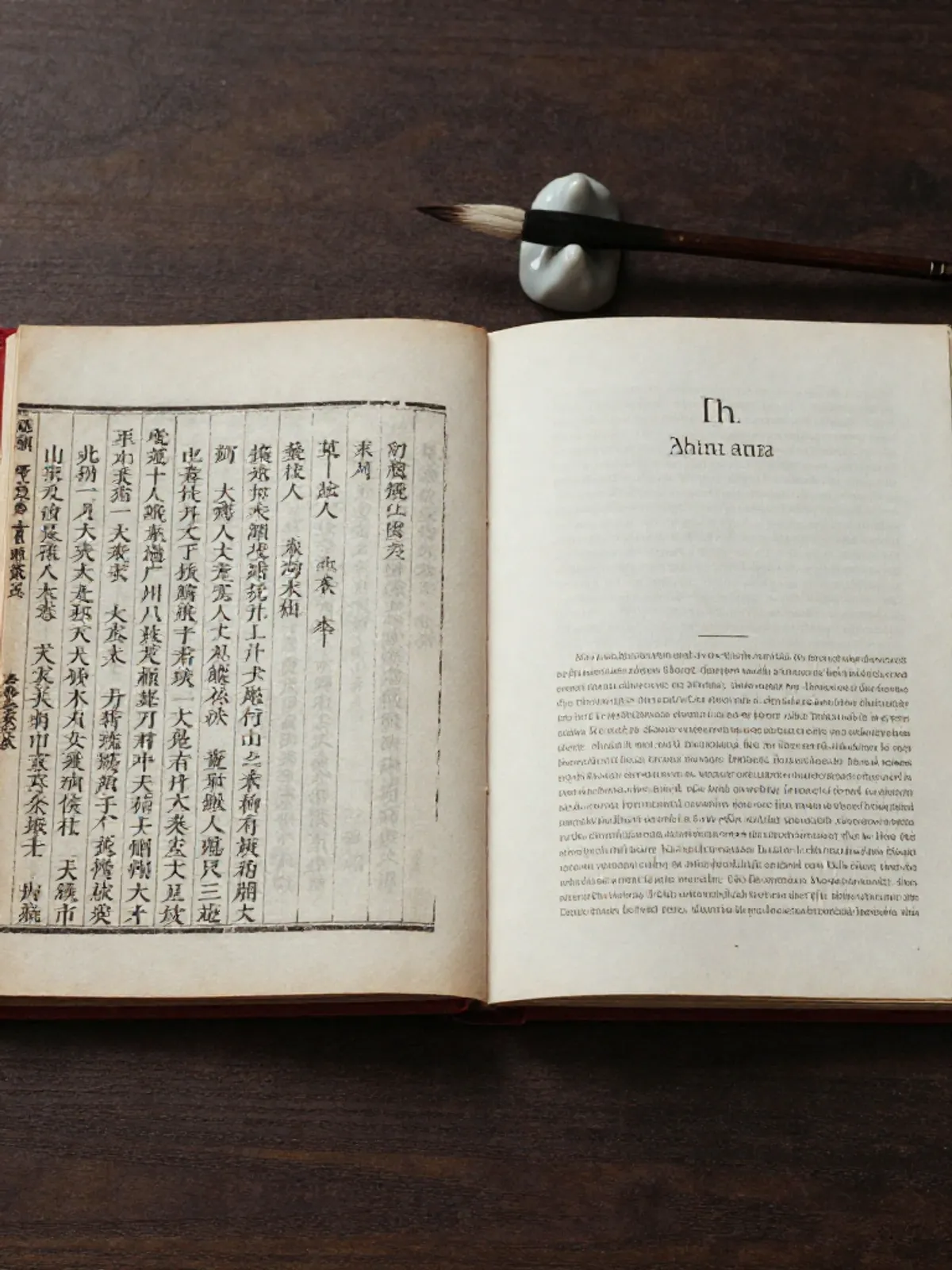 Two open books side by side, Chinese characters and English translation, a brush between them
