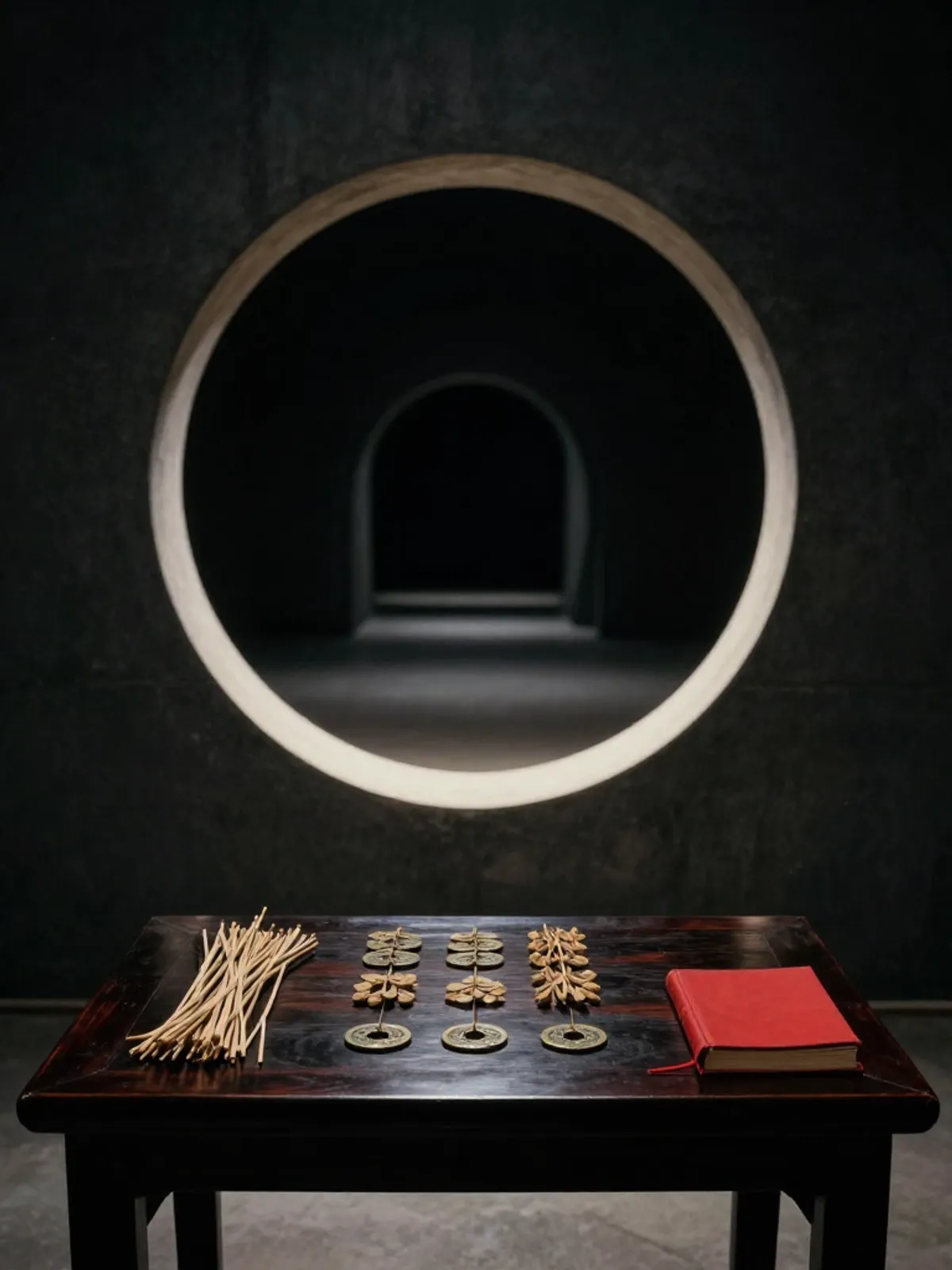 Yarrow stalks and bronze coins on a dark table, candlelight through a circular stone doorway