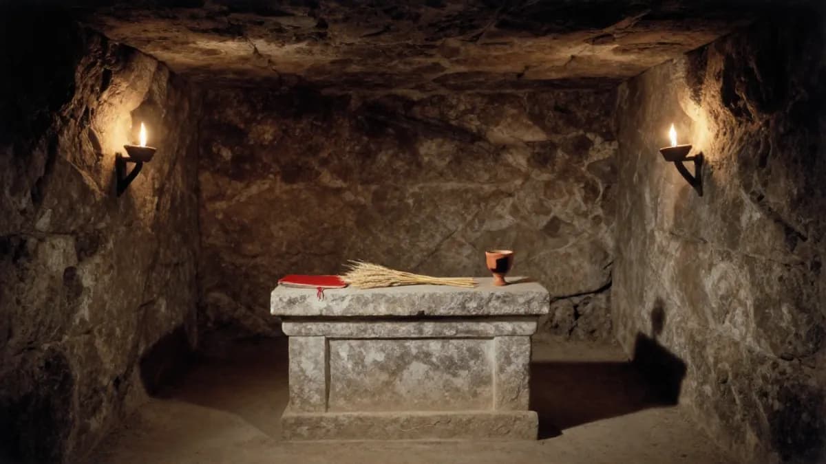 A subterranean stone chamber with an altar bearing wheat and wine, torchlight