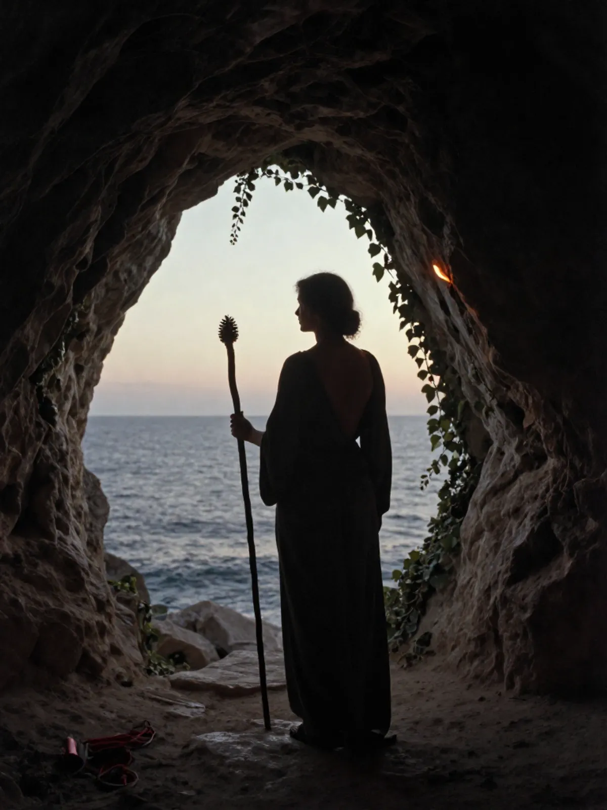 A robed woman at the mouth of a cave, the sea at dawn beyond