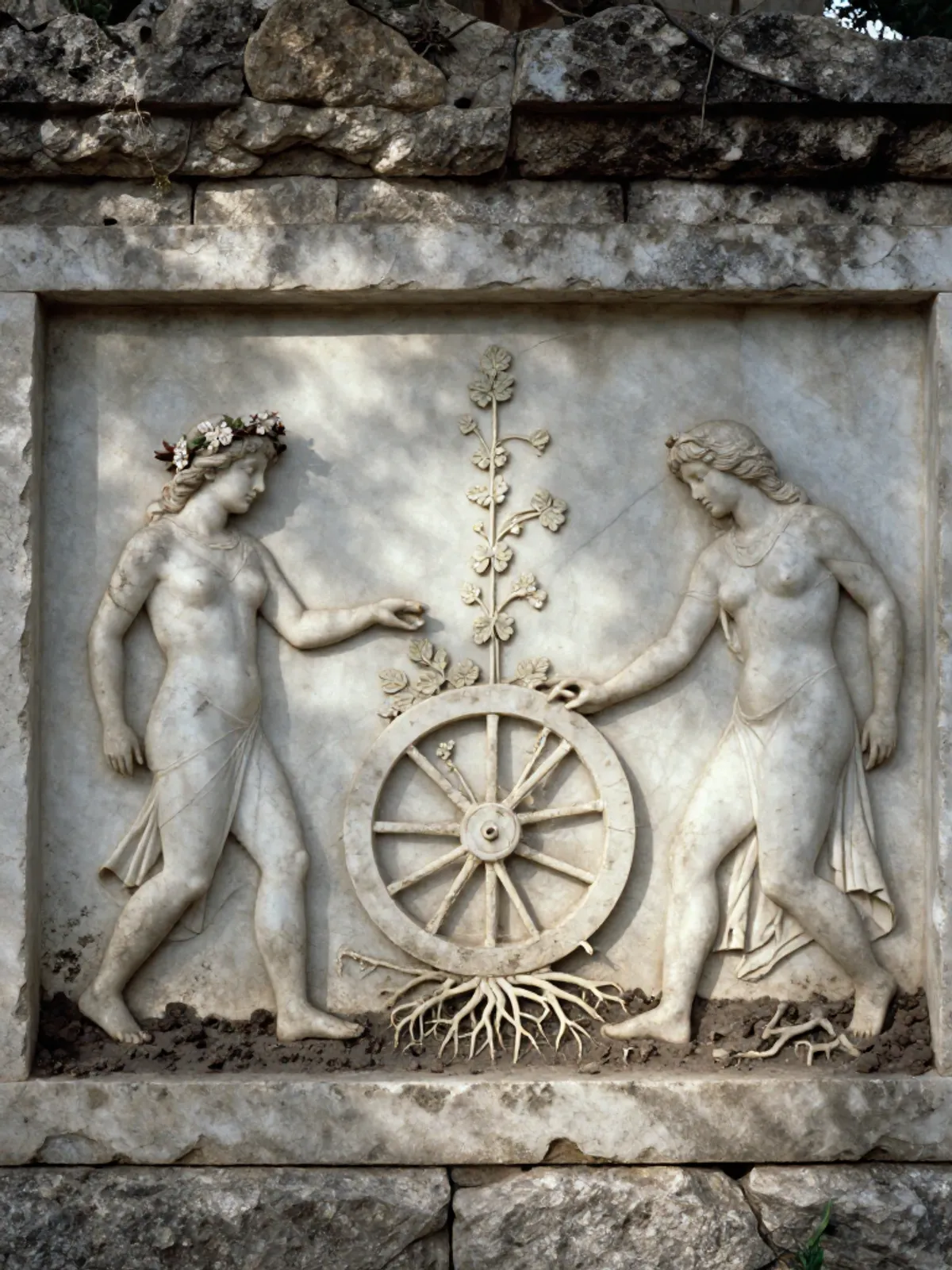 A weathered marble relief depicting a figure rising and descending through the seasonal cycle