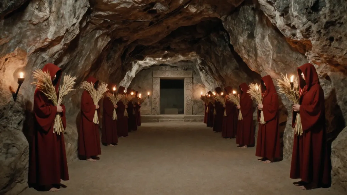 A torchlit underground initiation chamber with robed figures lining a processional path