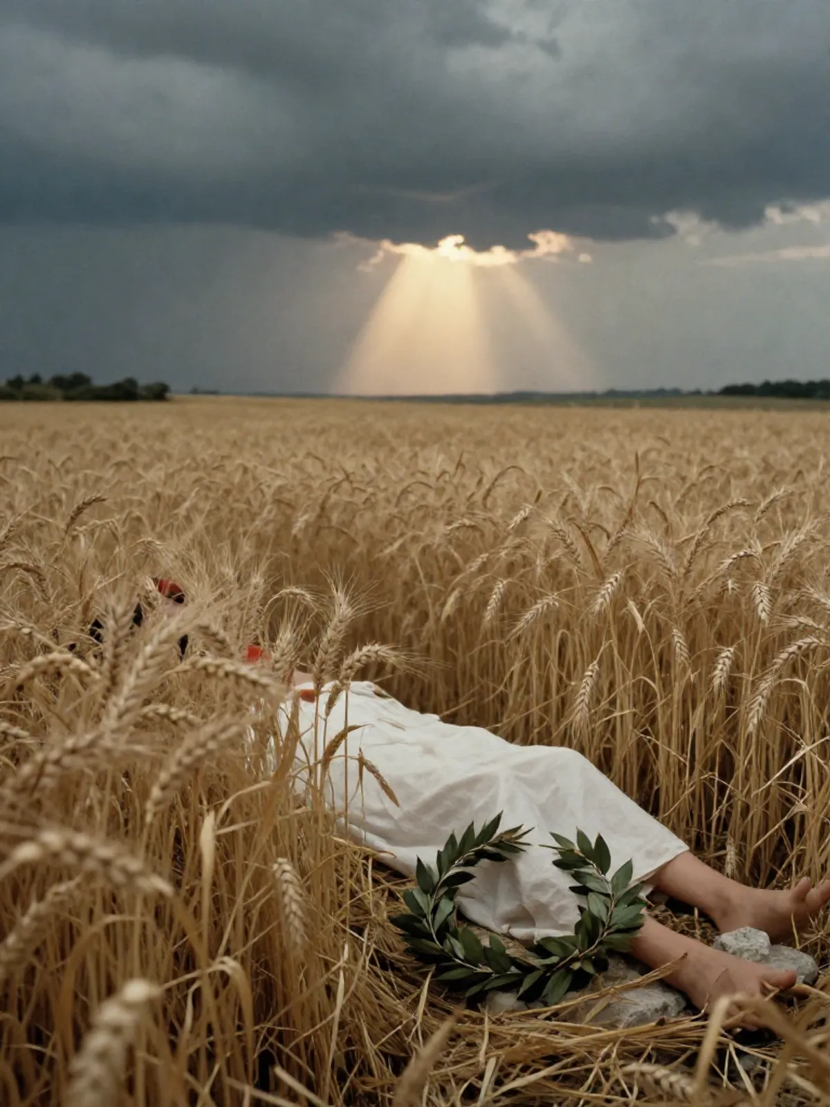 A golden wheat field at sunset, a single figure lying among the stalks, light breaking through storm clouds above