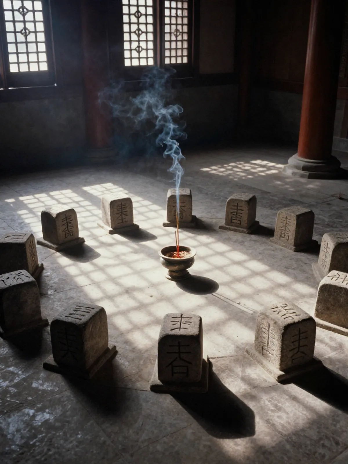 Twelve stone markers in a circle on a temple floor, late afternoon light through latticed windows