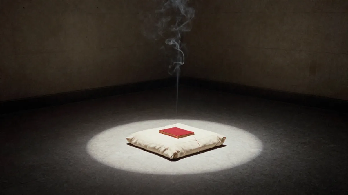 An empty meditation chamber seen from above, a single cushion in a disc of light