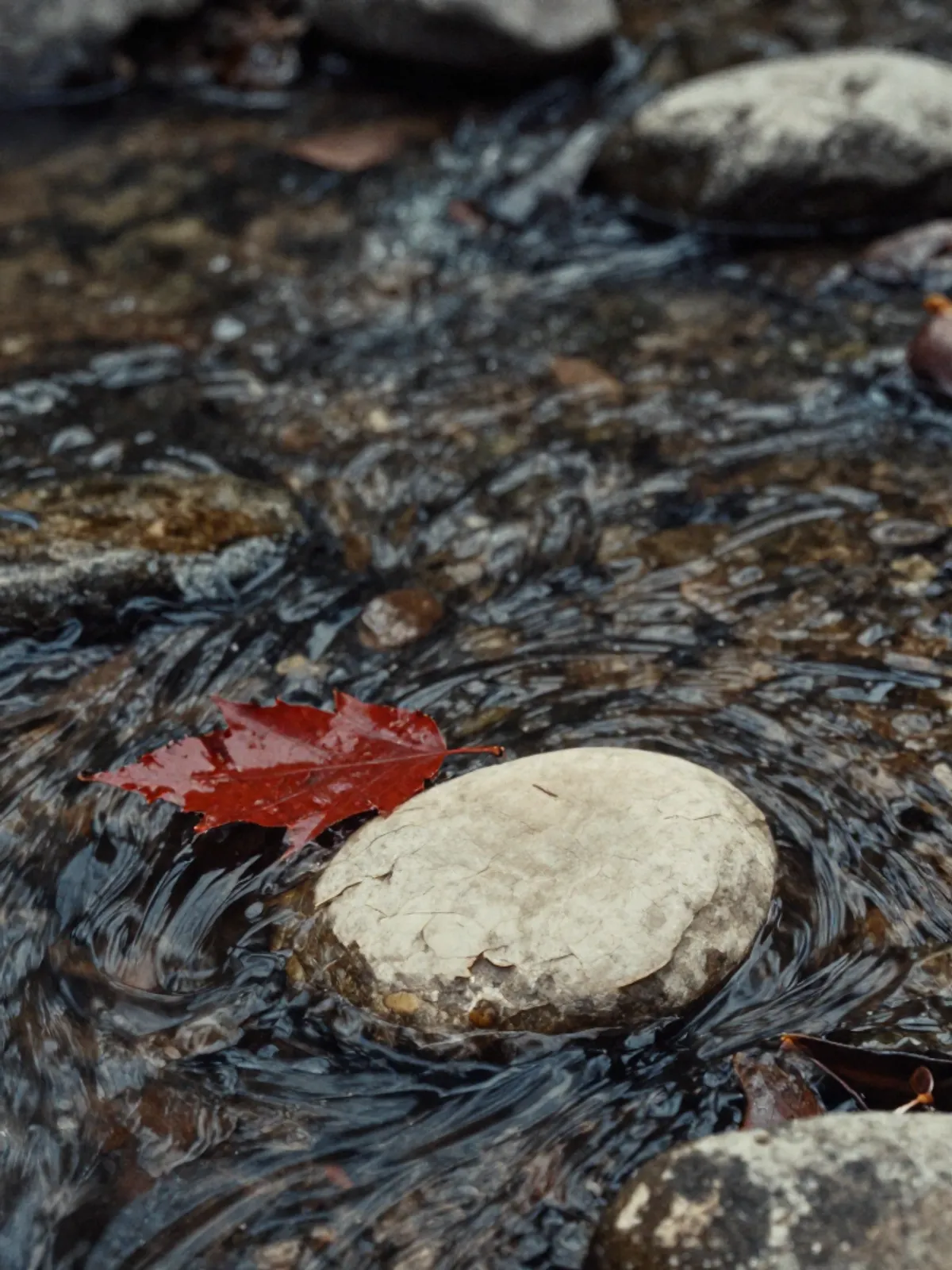 Water flowing over dark river stones, a red leaf on the surface