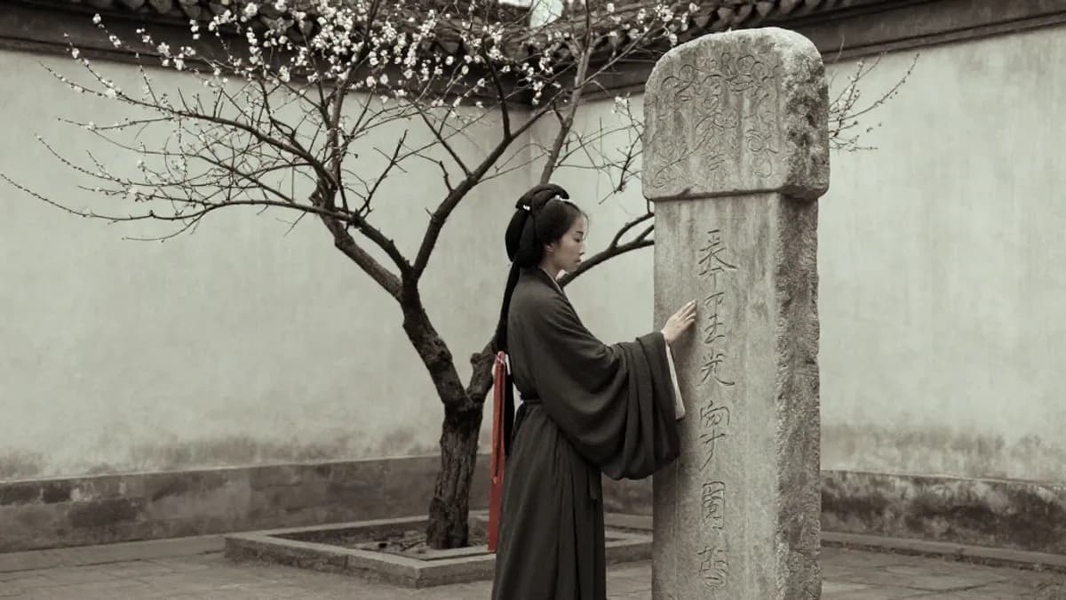 A woman tracing characters on an ancient stone stele, a winter plum tree behind her