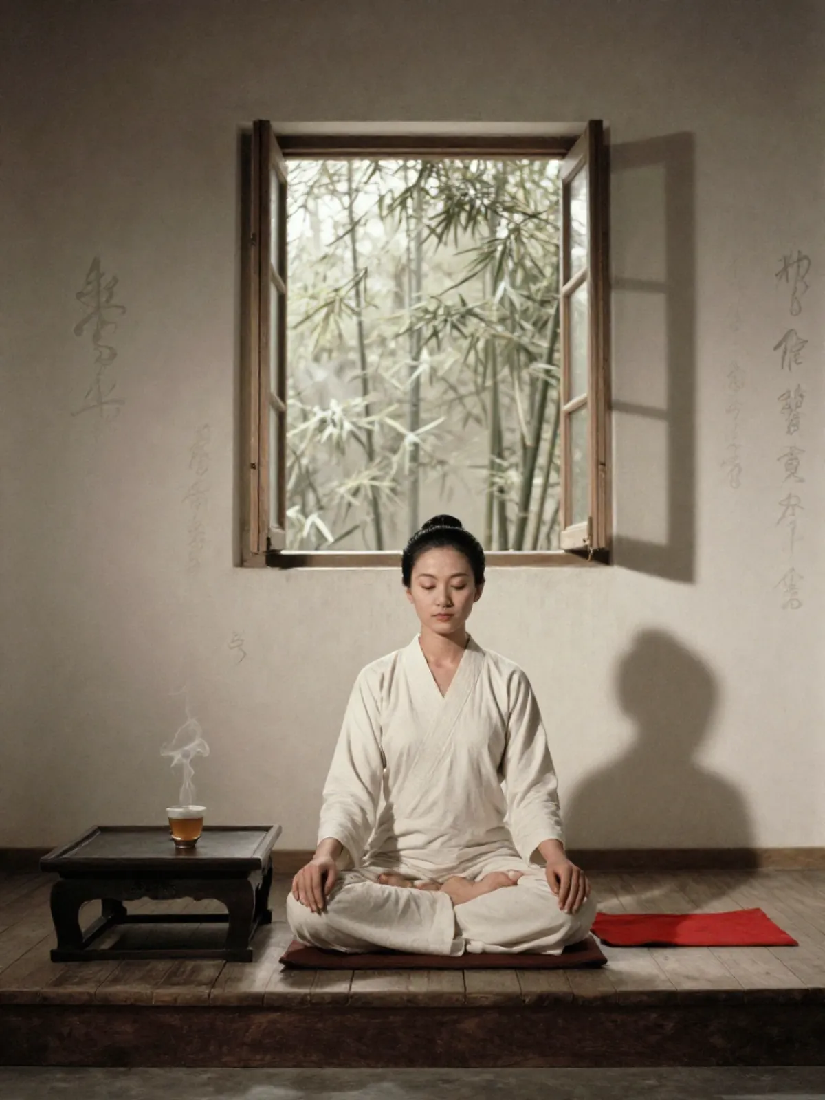A woman meditating in a simple room, calligraphic shadows on the walls, bamboo beyond