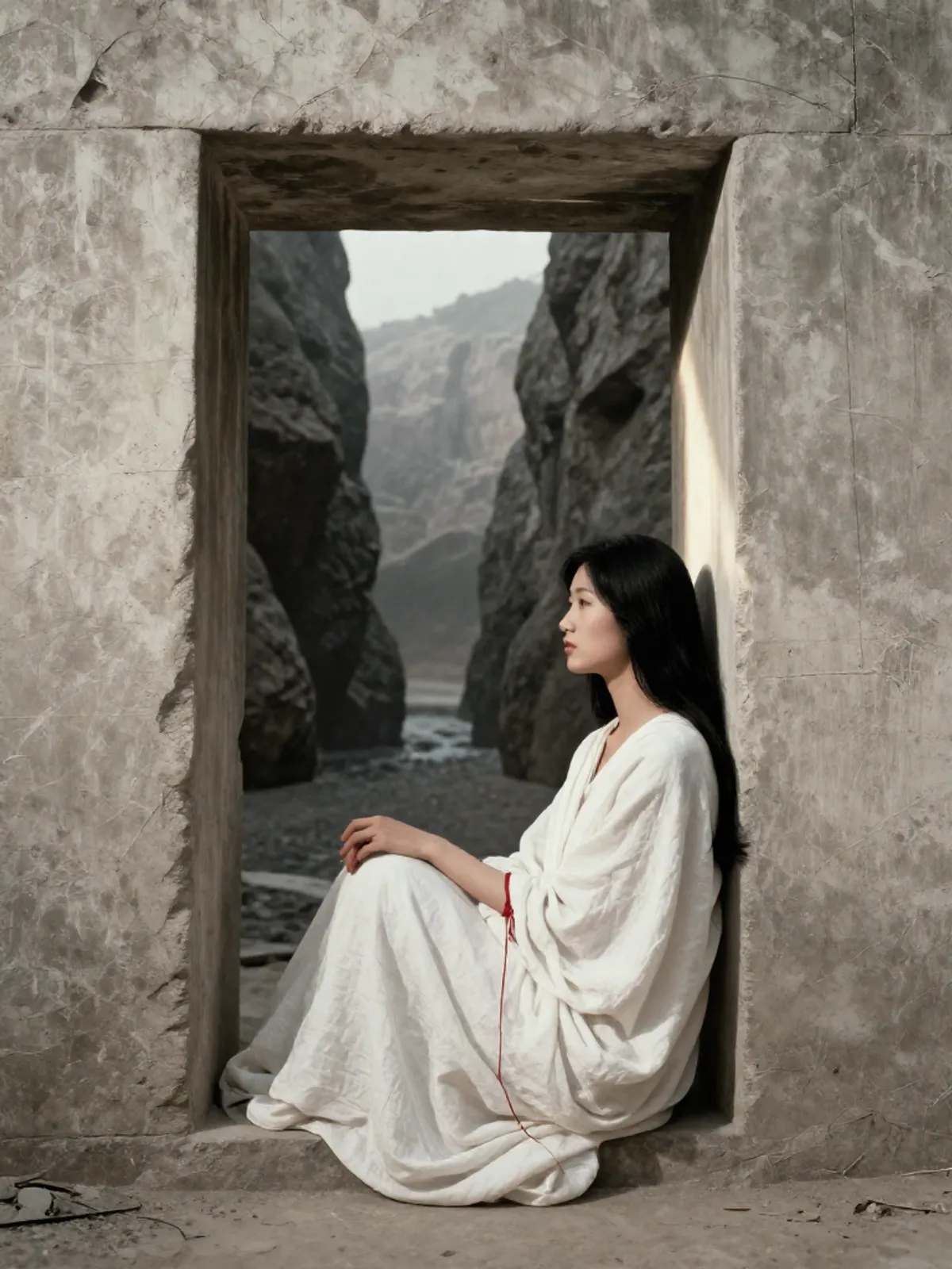 A woman in white linen stands at the mouth of a narrow valley, mist filling the gorge below