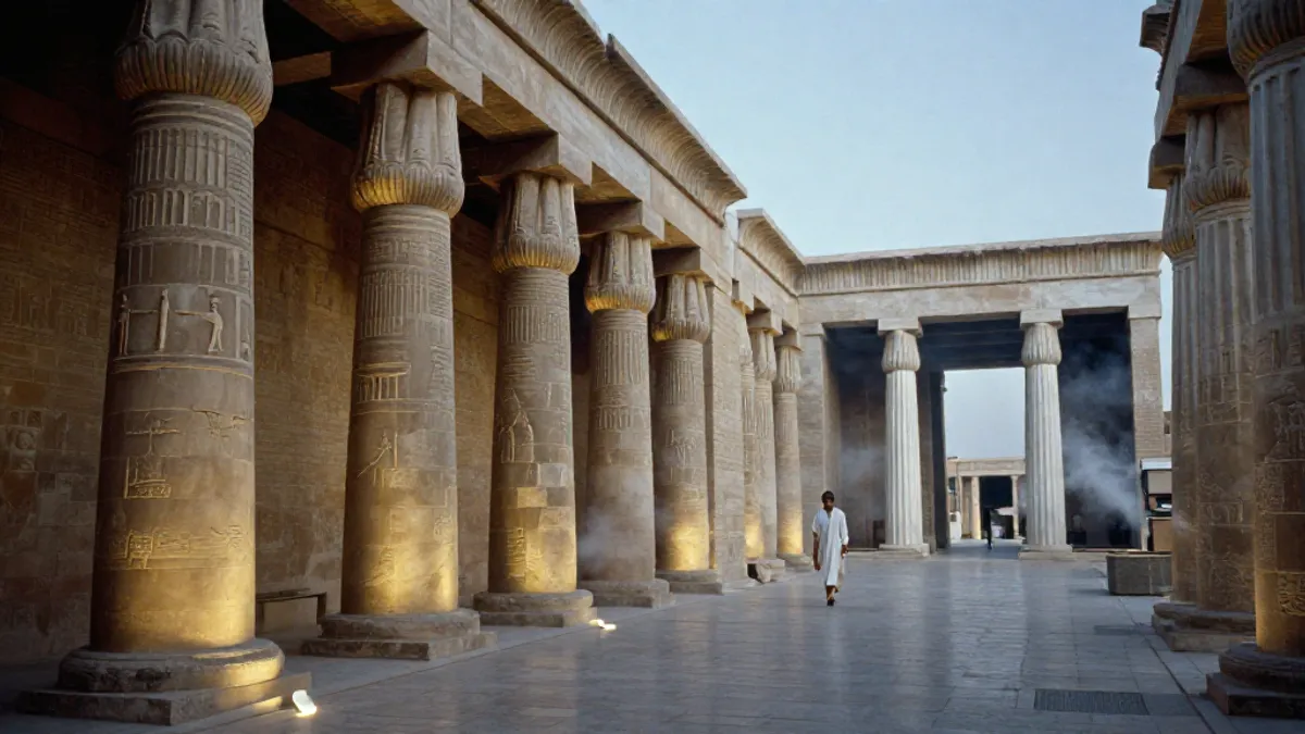 A temple corridor shifting from Mesopotamian to Egyptian to Greek, a distant figure in white