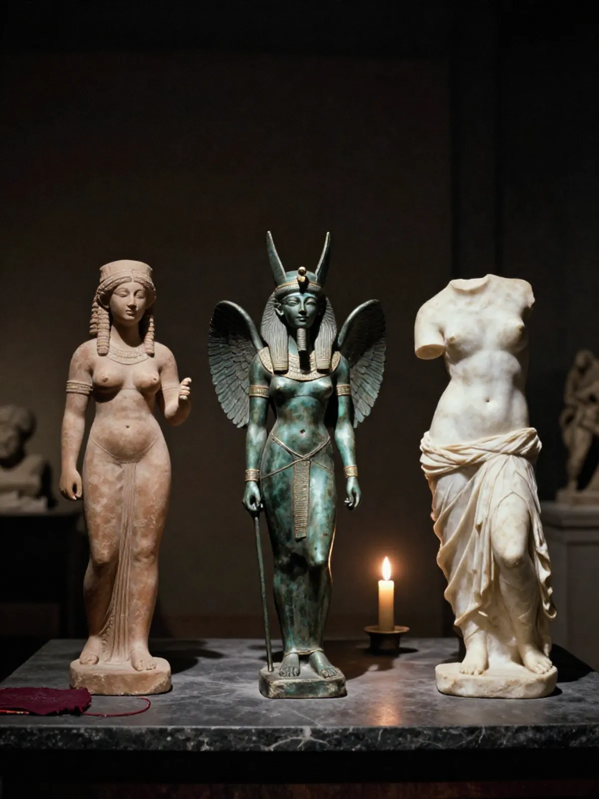 Three goddess figurines - Mesopotamian clay, Egyptian bronze, Greek marble - on dark stone