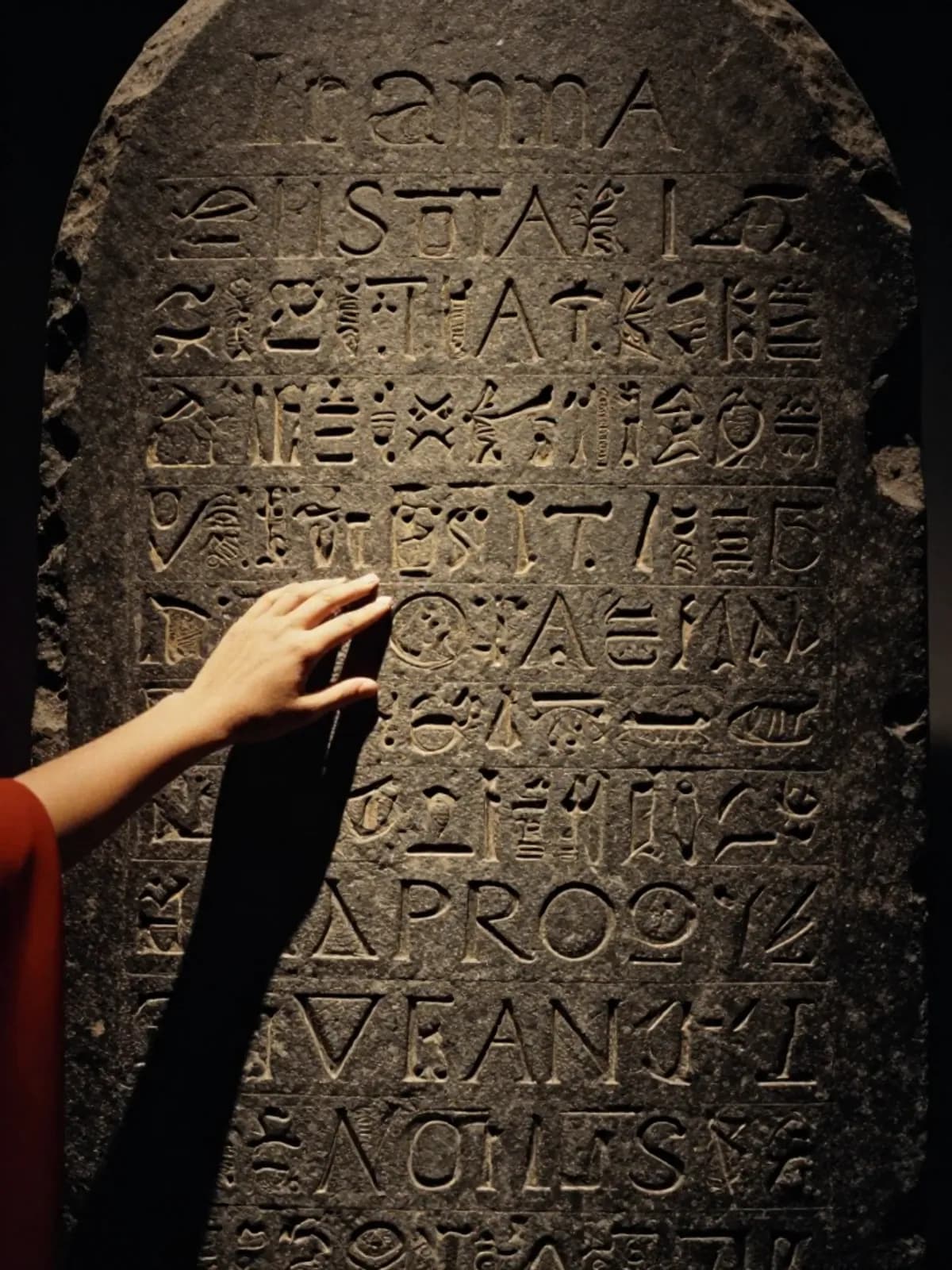 A stone tablet with goddess names cascading in different ancient scripts, a finger tracing one