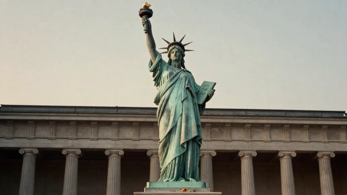 A copper-green neoclassical figure with torch and book before an Enlightenment facade at dawn