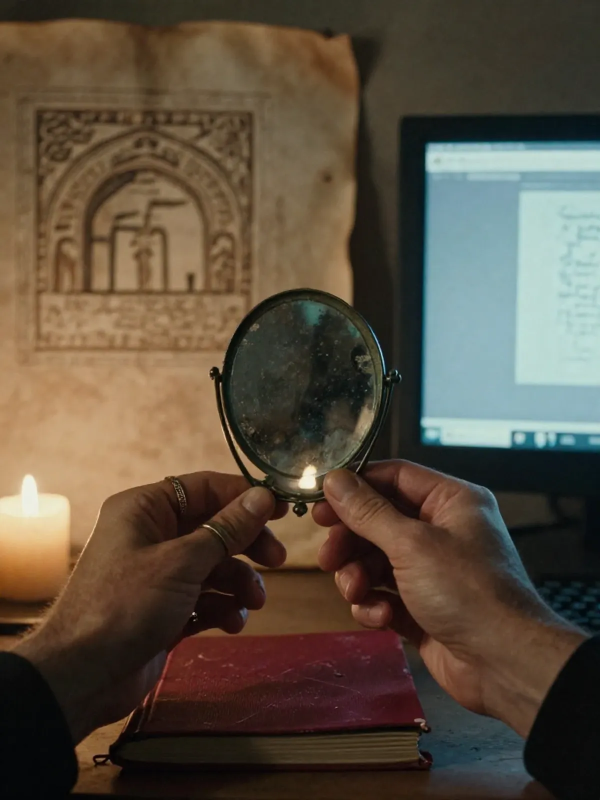 Two hands holding a bronze mirror between warm candlelight and cold screen-glow