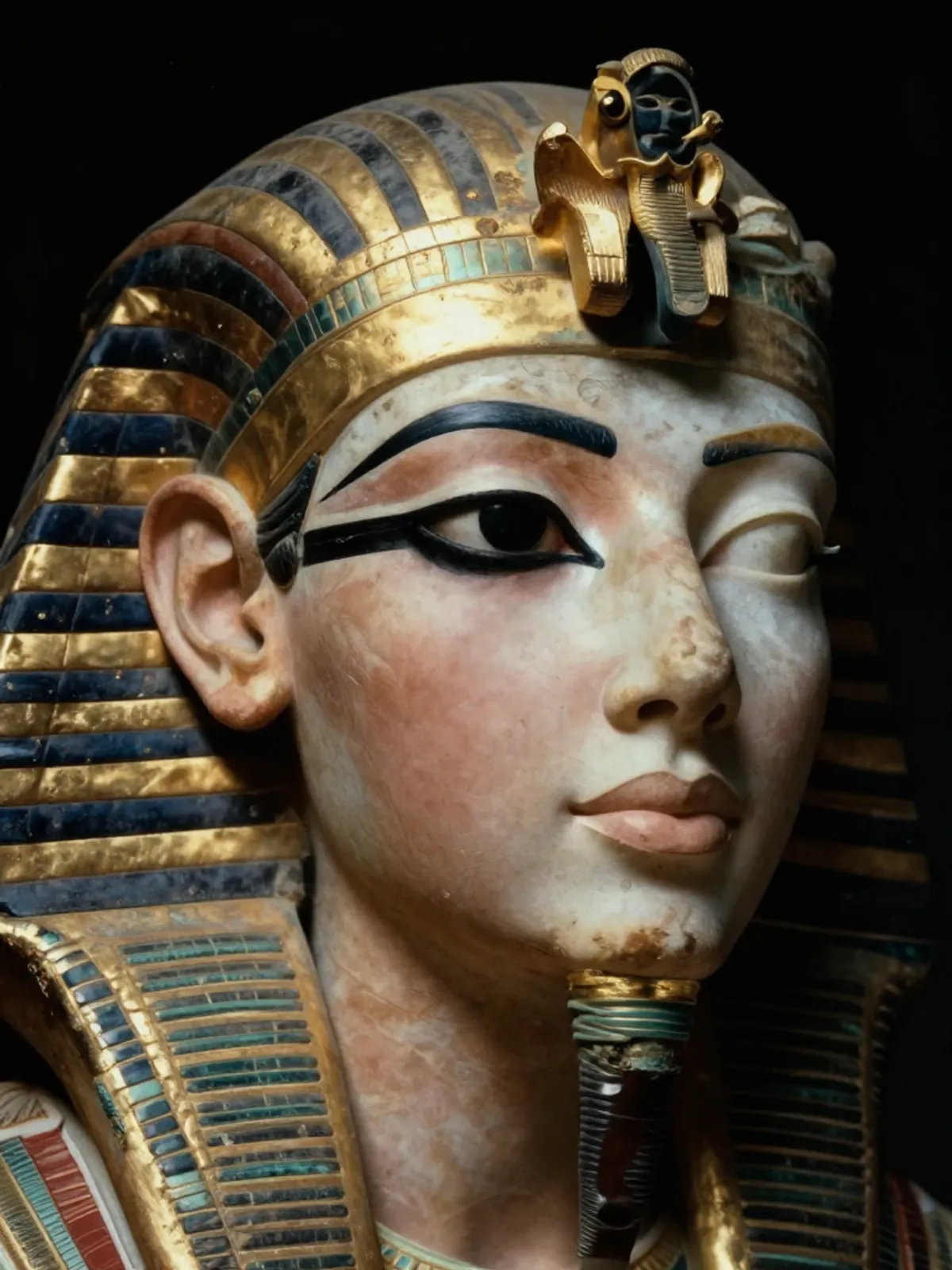 A woman's face composited from many cultures - Sumerian headdress fading into Egyptian kohl fading into Greek marble fading into copper-green patina