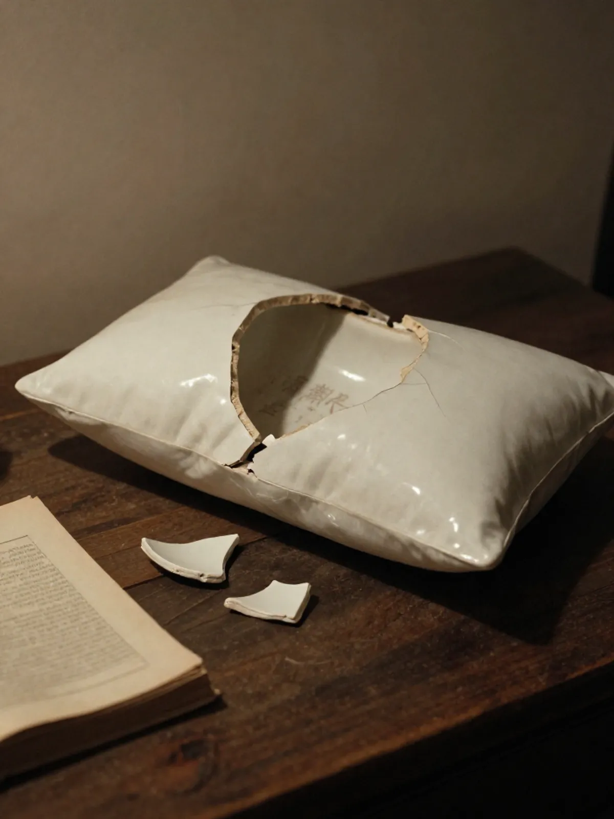 A cracked ceramic pillow revealing hidden characters, pottery shards and a cloth-covered book beside it