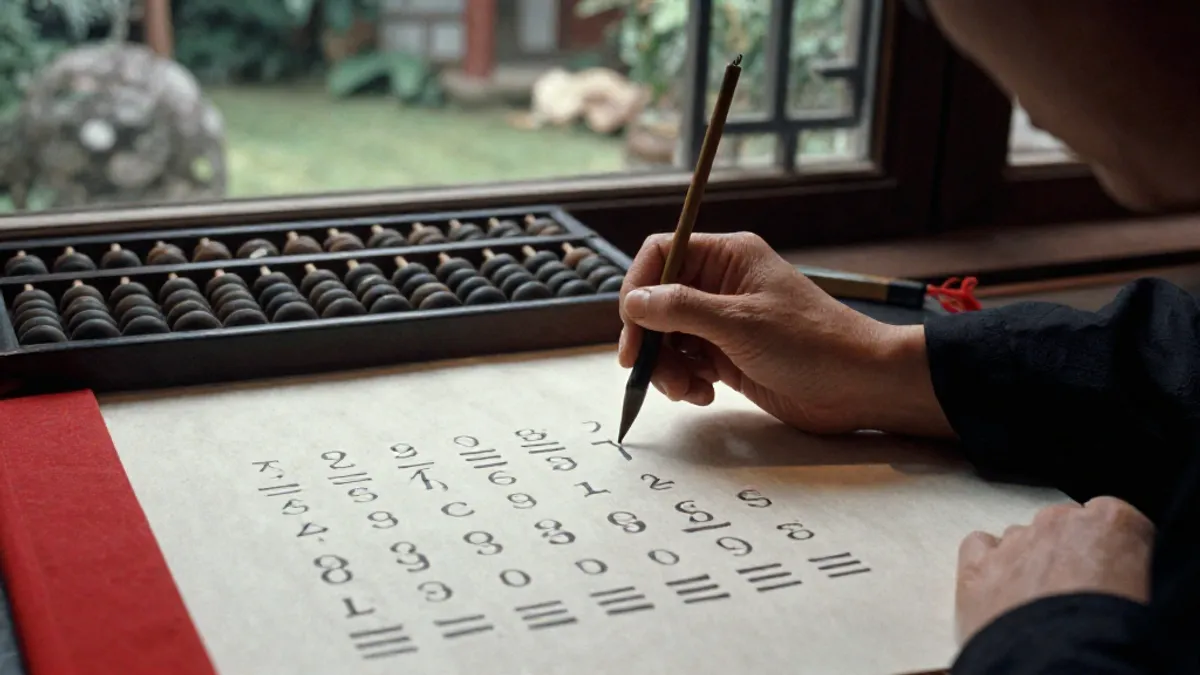 A scholar's hand writing calculations on rice paper, a garden visible through the window behind