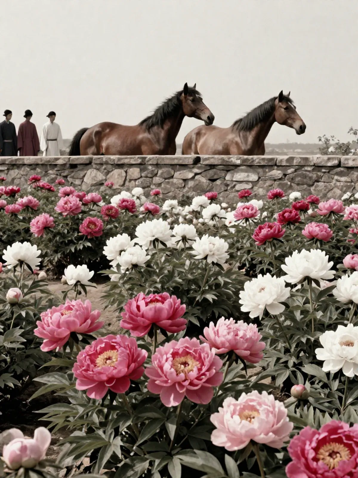 Peonies in full bloom with two alert horses beyond a stone wall, scholars standing unaware