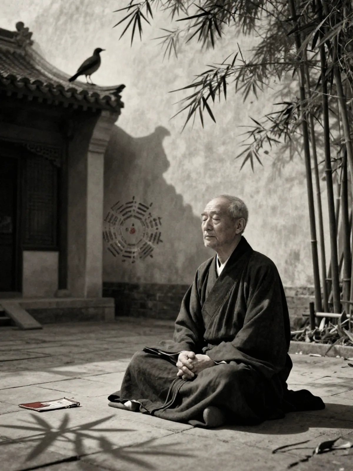 An elderly man in a moonlit courtyard, the world alive with signs around him