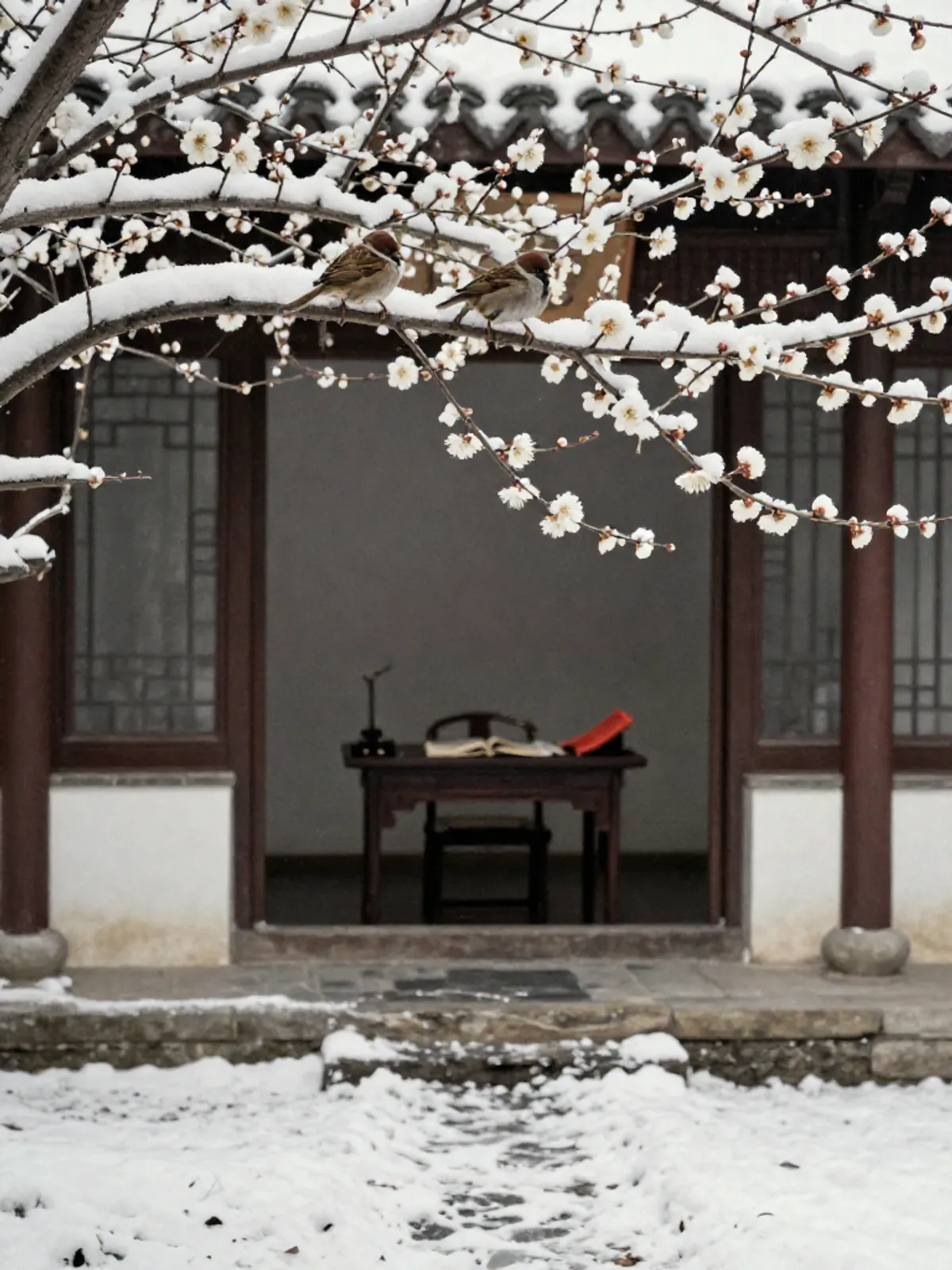 Plum blossoms on a snow-covered branch, two sparrows in silhouette against a winter sky