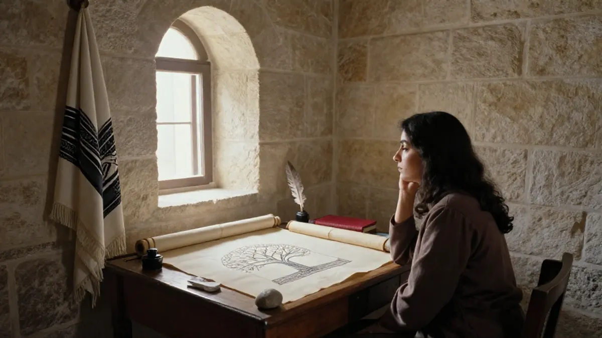 A Middle Eastern woman at a desk with Tree of Life manuscripts, arched window light