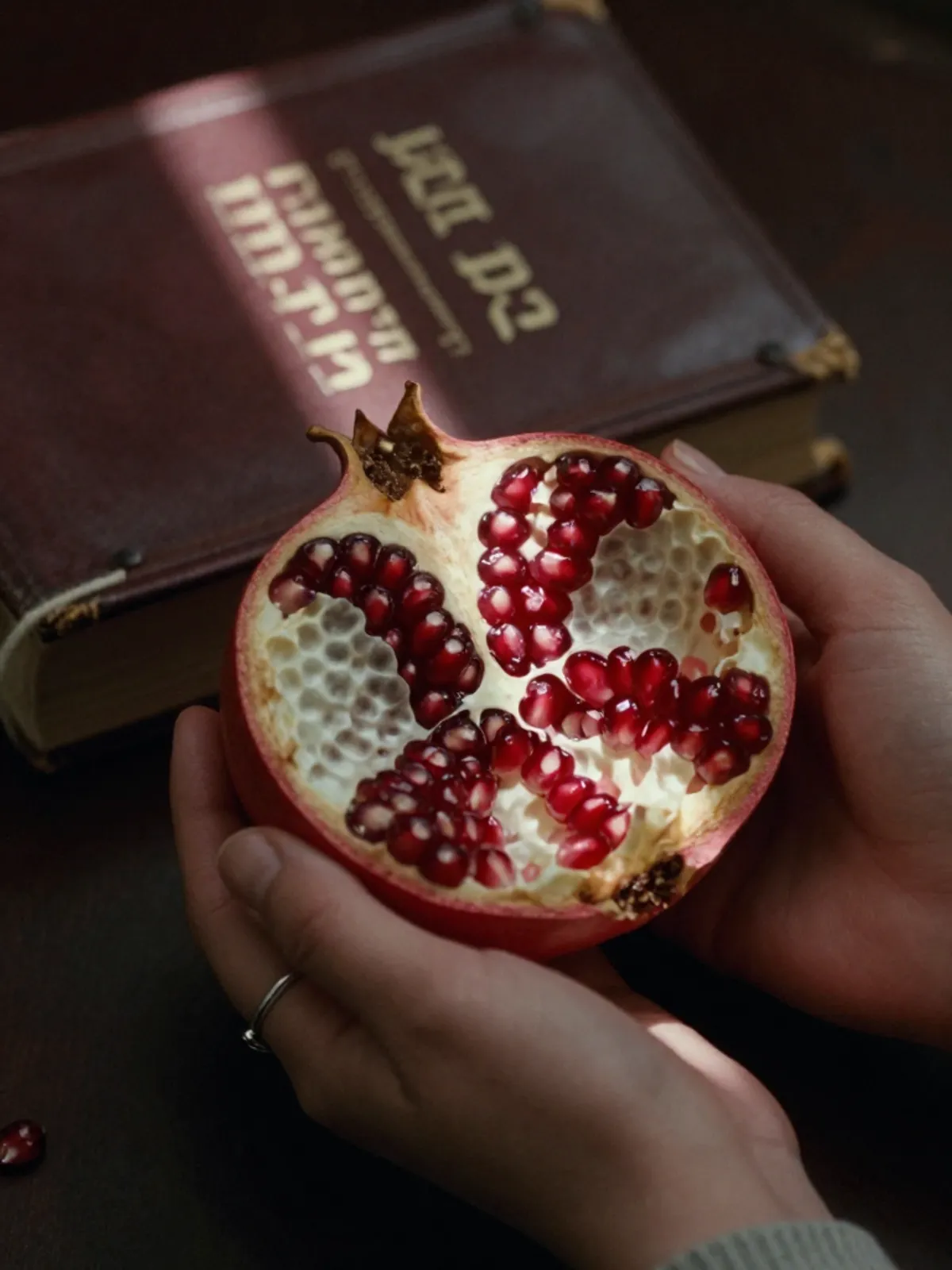 Hands holding an open pomegranate, its seeds catching light, Hebrew text behind