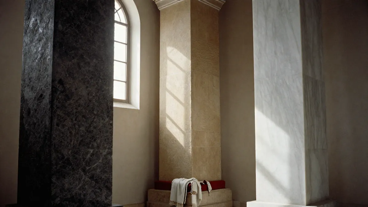 Three pillars of different stone in a synagogue interior, light falling between them