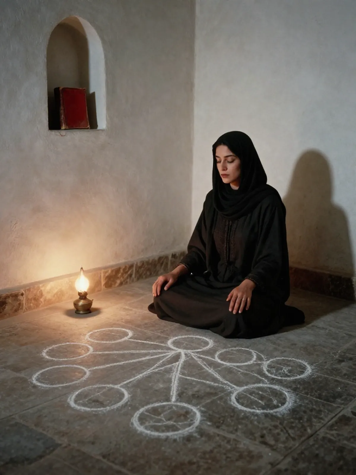 A woman meditating before a chalk Tree of Life on a stone floor, oil lamp light