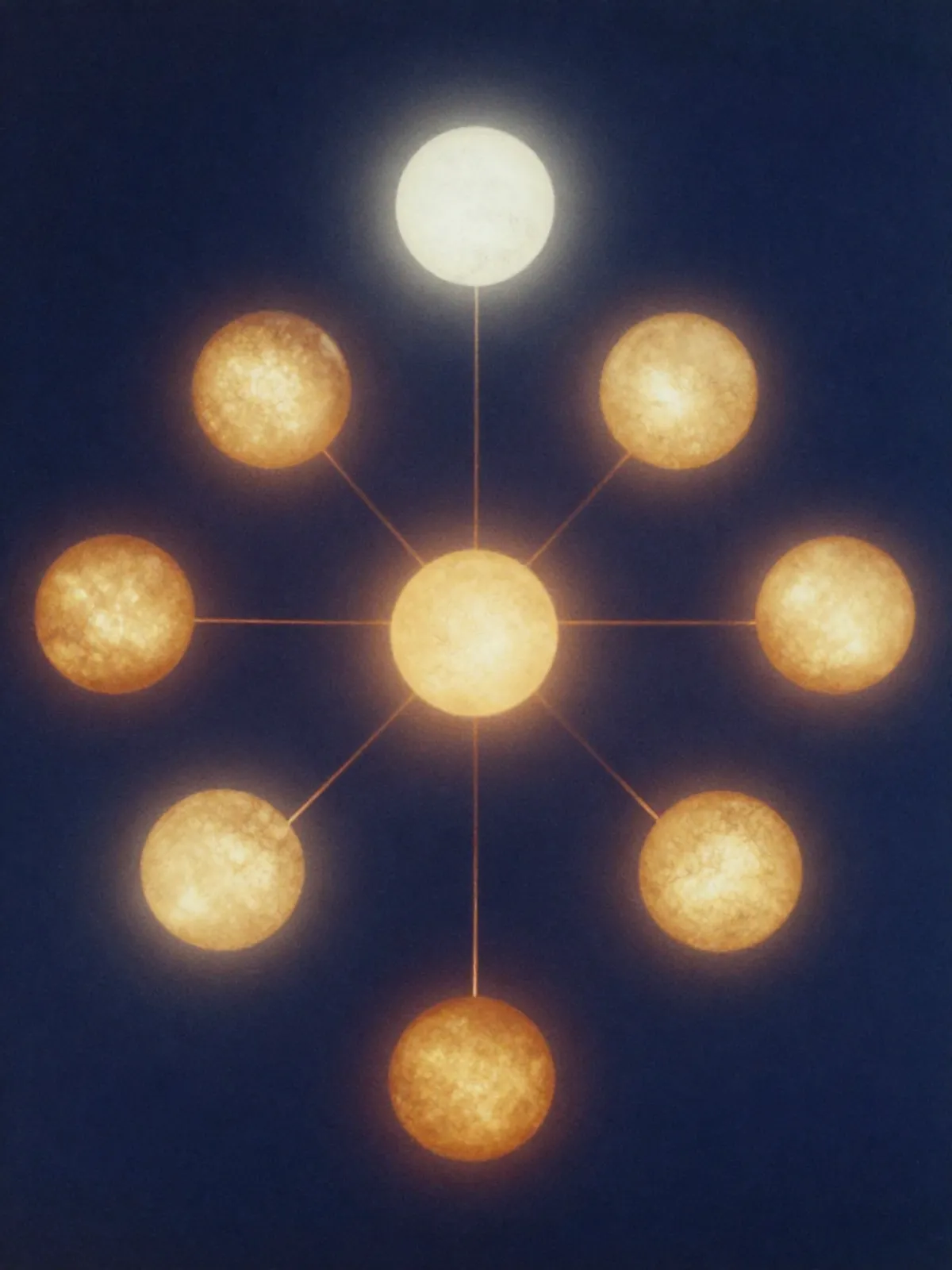 Ten luminous spheres connected by golden paths against a deep indigo field, light descending from above