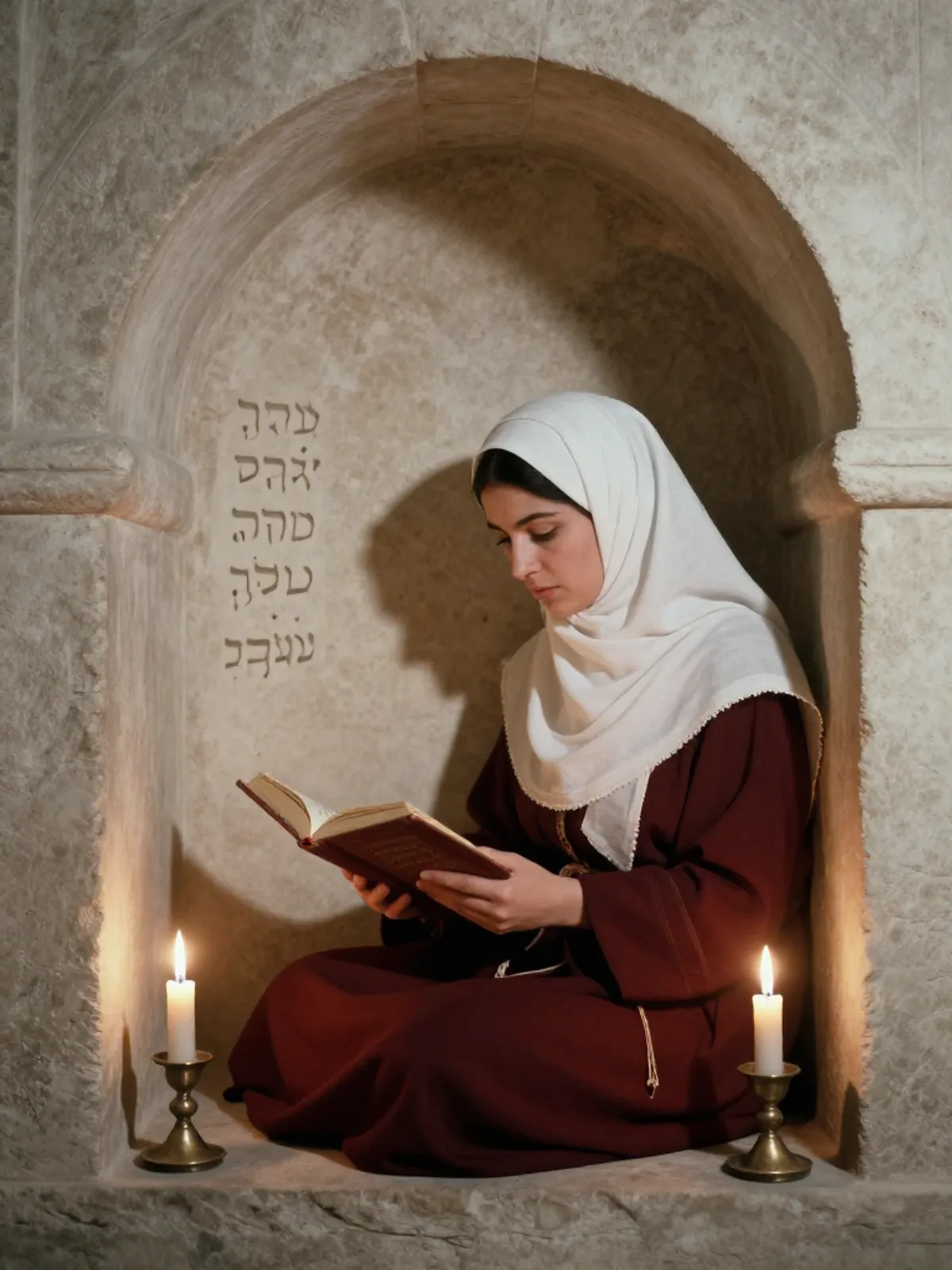 A woman reading a manuscript in a candlelit stone alcove, Hebrew letters carved in the wall
