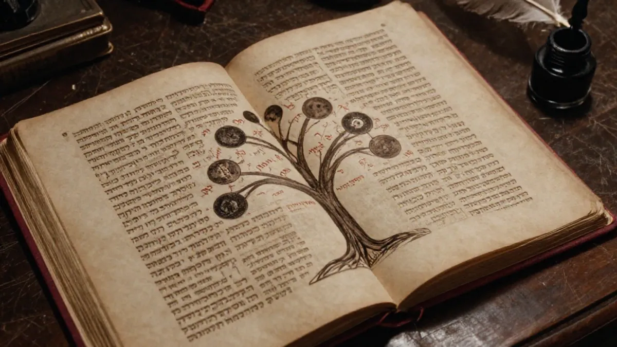 An overhead view of a hand-drawn Tree of Life diagram with Hebrew marginalia