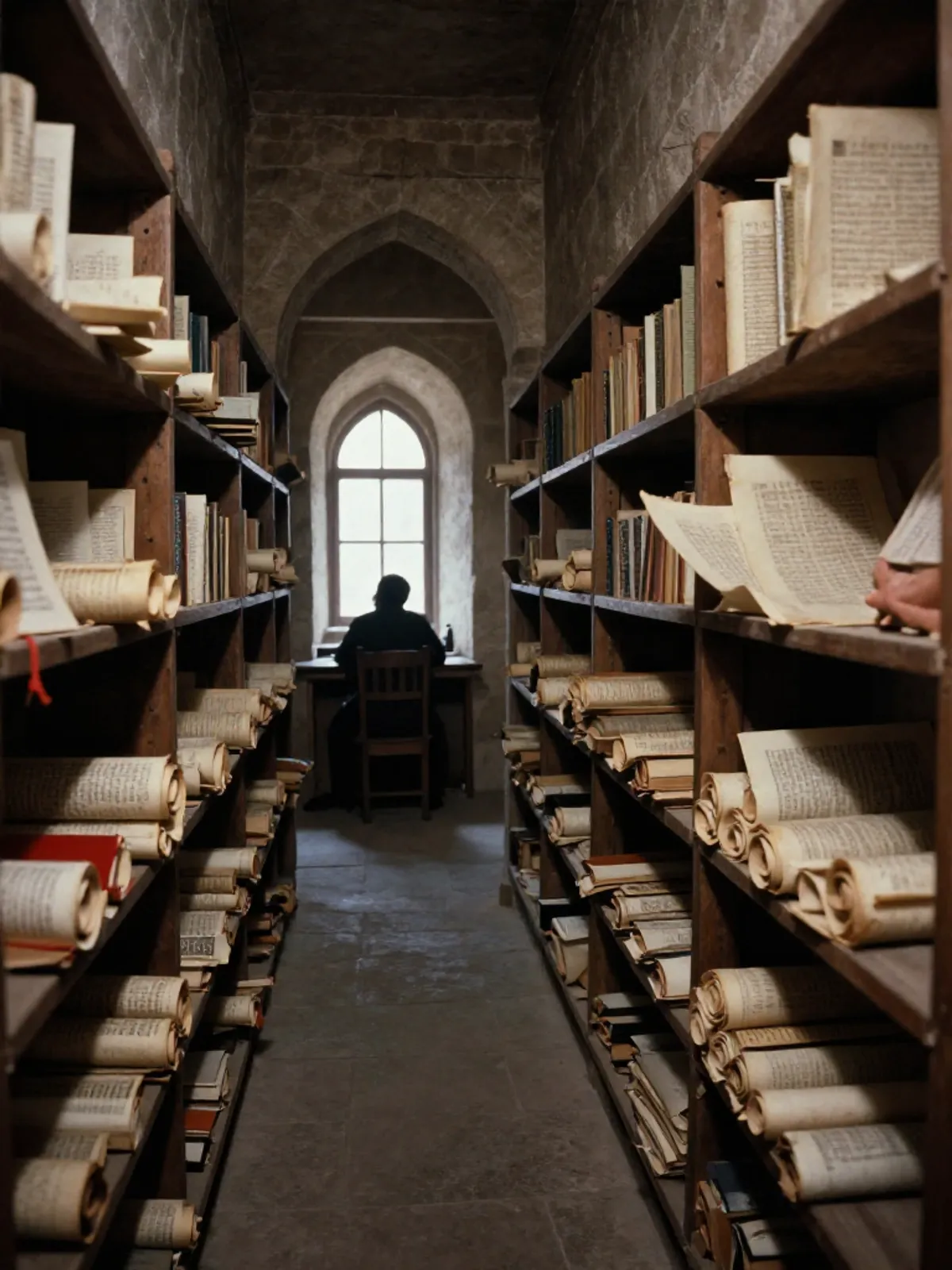 A narrow corridor lined with manuscripts, a shadowed scholar at the far end, a hand reaching for a scroll