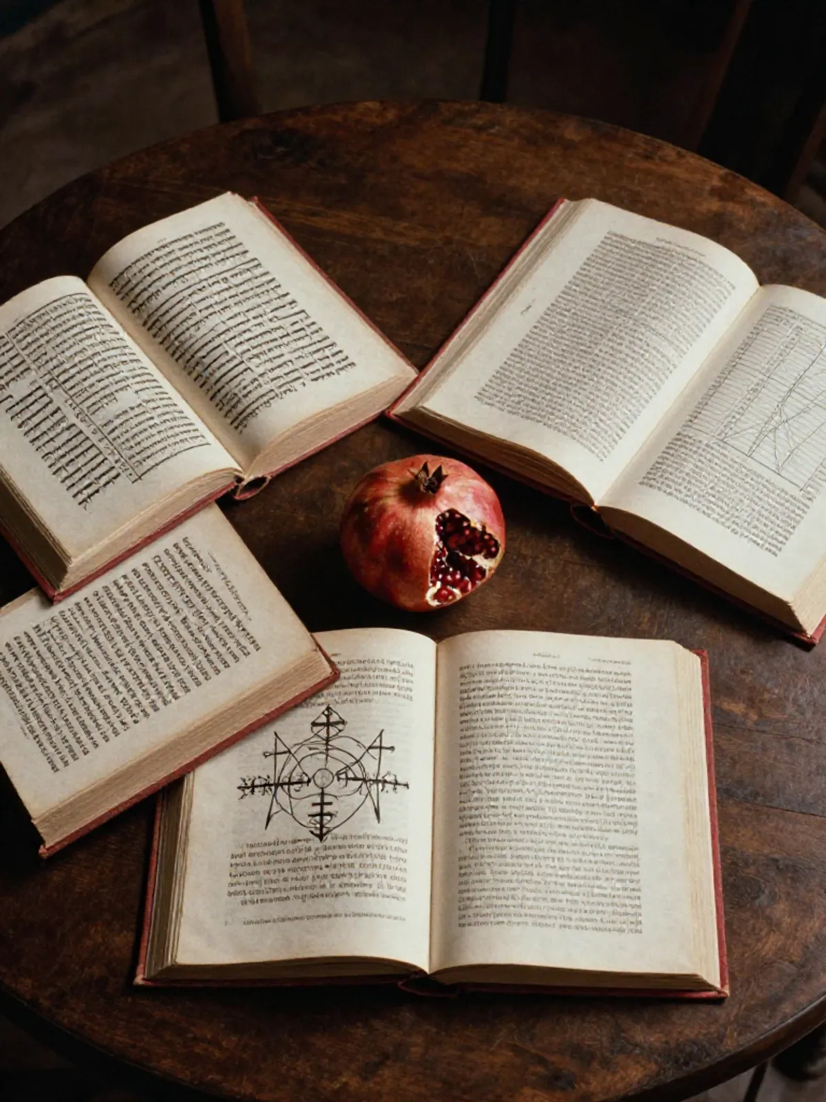 Three open books in Hebrew, Latin, and English arranged in a triangle around a split pomegranate
