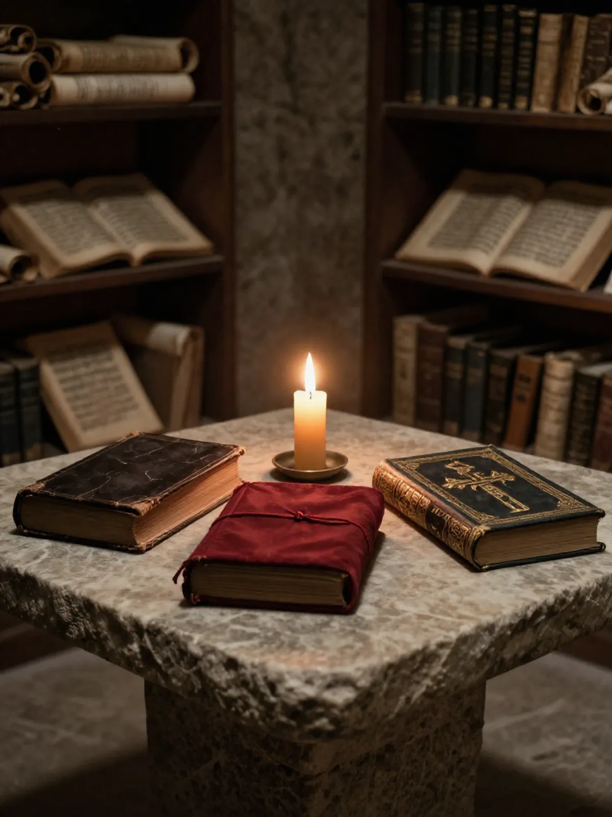 Three ancient books on a stone table - one bound in dark leather, one in red cloth, one in gold leaf - a single candle between them