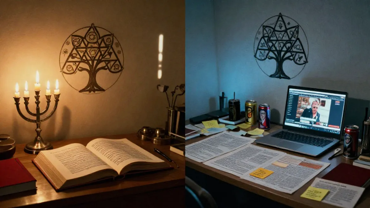 Split view: a serene scholar's desk with sacred text versus a chaotic conspiracy desk