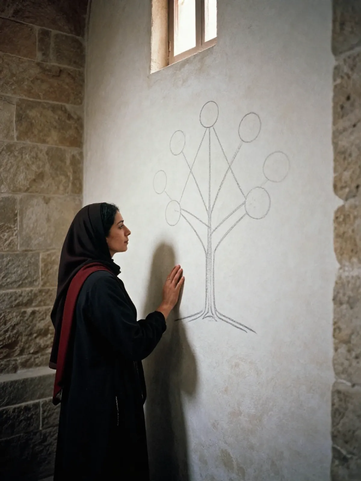 A woman before a hand-drawn Tree of Life on a whitewashed wall, warm window light